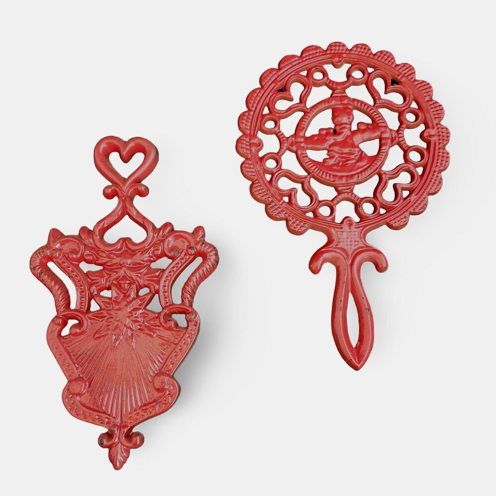 Large Cast Iron Red Enamel Trivets Sunburst Girl in Bonnet Vintage Set 2 Wilton